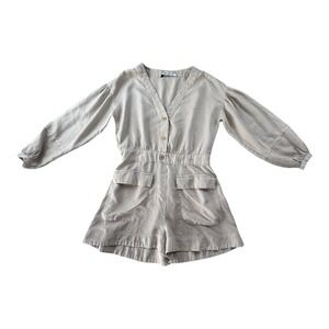 ZARA Women's Beige Utility Romper Size Small Long‎ Sleeve Button Front